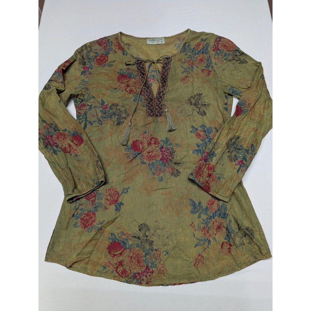Vintage Goa Olive Green Floral Cotton Boho Tunic Top Small Rose Print Tassels